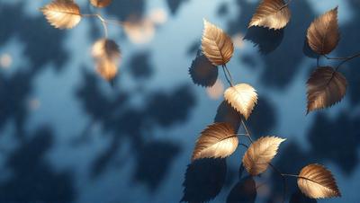 The primary subject of the image is a group of leaves floating on the surface of a body of water. The leaves are golden and appear to be floating on the water's surface. The setting is a body of water, and the visual style is a close-up of the leaves. The colors and mood of the image are serene and peaceful, with the golden leaves creating a warm and inviting atmosphere.