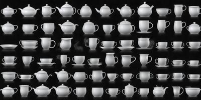 The primary subject of the image is a collection of white tea pots and cups. The setting is a black background, which creates a contrast with the white tea pots and cups. The visual style is a pattern of various tea pots and cups arranged in a grid. The colors and mood are predominantly black and white, giving the image a classic and elegant appearance.