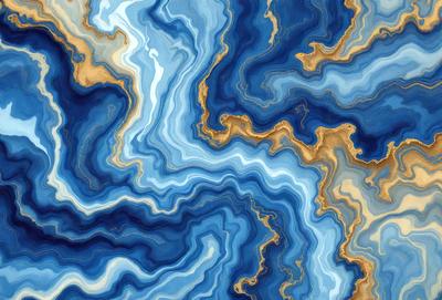The primary subject of the image is a blue and gold patterned wallpaper. The setting is a wall, and the visual style is a digital art or illustration. The dominant colors are blue and gold, creating a vibrant and lively atmosphere.