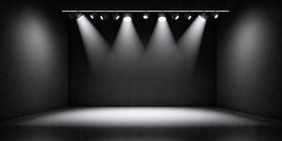 The primary subject of the image is a stage with a black background and a row of lights shining on it. The setting is a theater or a stage, and the visual style is a black and white photo. The colors and mood of the image are dramatic and intense, as the lights create a powerful and captivating atmosphere.