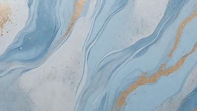 The primary subject of the image is a blue and white marbled wall with a gold-colored pattern. The setting is a bathroom, and the visual style is a photo. The dominant colors are blue, white, and gold, creating a serene and elegant atmosphere.