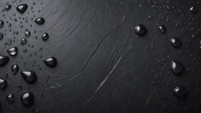 The primary subject of the image is a close-up of a black surface with a few drops of water on it. The setting is a dark background, and the visual style appears to be a photo. The colors in the image are predominantly black, and the overall atmosphere is moody and dramatic.
