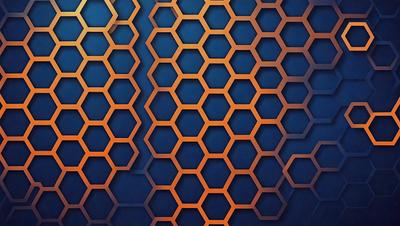 The primary subject of the image is a blue background with a pattern of hexagonal shapes. The setting is a blue background, and the visual style appears to be a digital art or illustration. The dominant colors are blue and orange, creating a vibrant and energetic atmosphere.