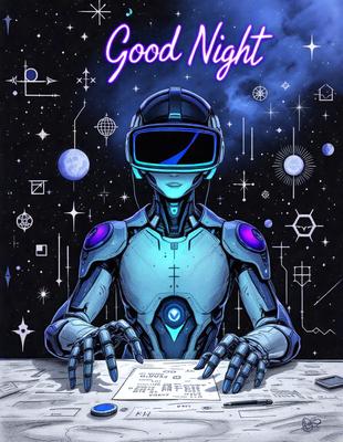 The primary subject of the image is a robot, specifically a female robot, sitting at a table. The setting is a space-themed environment, with a backdrop of stars and planets. The visual style is digital art, with the robot and the table being depicted in a detailed and intricate manner. The colors and mood of the image are predominantly blue and purple, giving the scene a futuristic and serene atmosphere.
