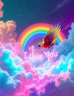 The primary subject of the image is a colorful bird, possibly a parrot, flying through a cloudy sky. The bird is surrounded by a vibrant and lively atmosphere, with the sky featuring a rainbow and clouds in various shades of pink, blue, and yellow. The visual style of the image is a combination of digital art and illustration, creating a whimsical and imaginative scene. The colors and mood of the image evoke a sense of joy, freedom, and playfulness.