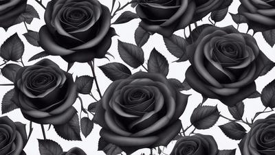 The primary subject of the image is a close-up of a black rose. The setting is a black and white background, which gives the image a classic and elegant appearance. The visual style is a detailed illustration or drawing of the rose, showcasing its intricate details. The dominant colors are black and white, creating a dramatic and timeless mood.