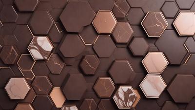 The primary subject of the image is a close-up of a marbled wall with a pattern of hexagons. The setting is a room with a brown and white marbled wall, which serves as the background. The visual style is a combination of a photo and digital art, creating a unique and intricate pattern. The dominant colors are brown and white, giving the wall a warm and elegant appearance.