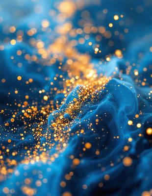 The primary subject of the image is a blue background with a pattern of yellow and gold sparkles or stars. The setting appears to be a dark, starry night, with the sparkles creating a sense of depth and movement. The visual style is a combination of digital art and illustration, as the sparkles are created through a digital medium. The colors and mood of the image are predominantly blue and gold, with a sense of wonder and magic.