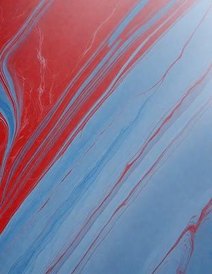 The primary subject of the image is a painting of a red and blue swirl. The setting is a blue background, and the visual style appears to be a digital art or illustration. The dominant colors in the painting are red and blue, creating a vibrant and dynamic atmosphere.