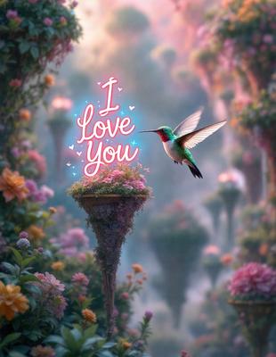 The primary subject of the image is a green and red hummingbird hovering over a pink flower. The setting is a garden with a variety of pink flowers, creating a beautiful and vibrant atmosphere. The visual style is a digital art or illustration, showcasing the intricate details of the hummingbird and the flowers. The colors and mood of the image are predominantly pink and vibrant, evoking a sense of warmth and beauty.