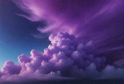 The primary subject of the image is a purple cloud with a white base, which is floating in a blue sky. The setting is a cloudy sky, and the visual style appears to be a digital art or illustration. The dominant colors in the image are purple and blue, creating a calm and serene atmosphere.