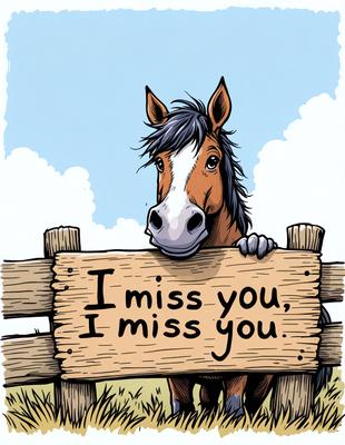The primary subject of the image is a brown and white horse standing next to a wooden fence. The horse is looking over the fence, and there is a sign on the fence that reads "I miss you." The setting appears to be a pasture or a rural area, and the visual style is a combination of a photo and a drawing. The colors in the image are predominantly earth tones, giving it a calm and serene atmosphere.