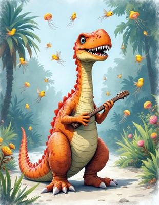 The primary subject of the image is a cartoon dinosaur, specifically a red and white alligator, holding a guitar. The setting is a lush green forest with trees and flowers surrounding the dinosaur. The visual style is a digital art illustration, giving the image a vibrant and colorful appearance. The dominant colors are red, white, and green, creating a playful and energetic mood.