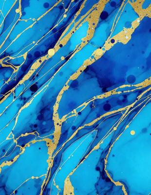The primary subject of the image is a blue and gold patterned surface, which appears to be a piece of art or a decorative item. The setting is a blue background, and the visual style is a combination of digital art and illustration. The dominant colors are blue and gold, creating a rich and vibrant atmosphere.
