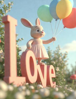 The primary subject of the image is a cute bunny holding a balloon. The setting is a garden with a pink sign that says "love." The visual style is a combination of digital art and illustration, creating a whimsical and charming scene. The dominant colors are pink and white, giving the image a warm and cheerful atmosphere.
