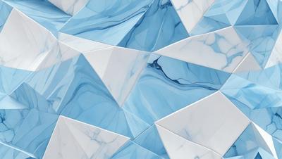 The primary subject of the image is a blue and white marble tile. The setting is a white marble wall, and the visual style is a close-up of the tile. The dominant colors are blue and white, creating a clean and elegant atmosphere.