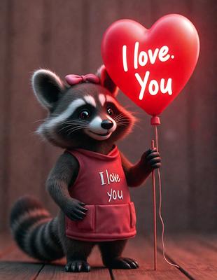 The primary subject of the image is a cartoon-like character, specifically a raccoon, wearing a red vest and holding a red heart-shaped balloon. The setting is a dark room, and the visual style appears to be a digital art or illustration. The colors and mood of the image are predominantly red, which gives it a warm and cozy atmosphere.