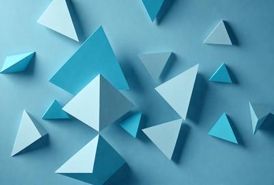 The primary subject of the image is a collection of blue triangles. These triangles are arranged in various orientations and sizes, creating a visually interesting pattern. The setting is a blue background, which complements the blue triangles and adds to the overall visual style. The image appears to be a digital art or illustration, showcasing the artist's creativity and attention to detail. The dominant colors in the image are blue, which creates a calm and soothing atmosphere.