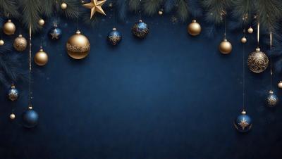 The primary subject of the image is a blue background with a row of Christmas ornaments hanging from it. The ornaments are gold and blue, and they create a festive and holiday atmosphere. The setting is indoors, likely in a home or a store during the holiday season. The visual style is a combination of digital art and illustration, as the ornaments are carefully placed and the background is a solid blue color. The colors and mood of the image are warm and cheerful, evoking feelings of joy and