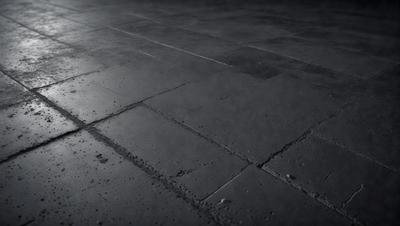 The primary subject of the image is a large, dark grey tiled floor. The setting is a room with a tiled floor, and the visual style is a black and white photo. The colors and mood of the image are dark and moody, with the grey tiles creating a sense of depth and contrast.