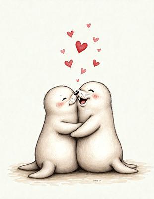 The image features two cute, white, and fluffy seals sitting next to each other. They are both smiling and appear to be enjoying each other's company. The seals are positioned in a way that they seem to be kissing, with their mouths touching. The scene is set on a white background, which provides a clean and simple backdrop for the seals. The overall atmosphere of the image is warm, friendly, and inviting.