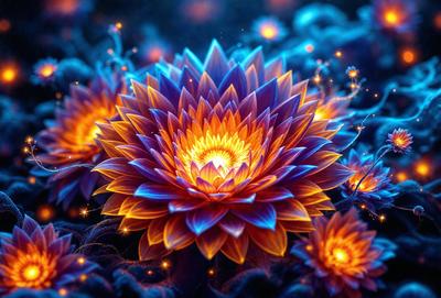The primary subject of the image is a large, vibrant flower with a blue and orange color scheme. The flower is surrounded by a field of blue and orange flowers, creating a visually striking scene. The setting appears to be a garden or a similar outdoor environment. The visual style of the image is a combination of photo and digital art, giving it a unique and eye-catching appearance. The dominant colors and overall atmosphere of the image are bright, lively, and full of energy.
