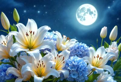 Primary subject: Flowers
Setting/background: A night sky with a moon in the background
Visual style: Digital art
Colors and mood: The flowers are predominantly white and blue, creating a serene and peaceful atmosphere.