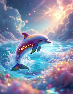 Primary subject: A dolphin with a message on its back.

Setting/background: The dolphin is in a body of water, surrounded by clouds and a rainbow.

Visual style: The image is a digital artwork.

Colors and mood: The colors are predominantly pink, blue, and white, creating a whimsical and cheerful atmosphere.