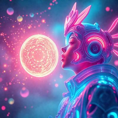 The primary subject of the image is a woman wearing a futuristic helmet and suit. She is standing in front of a large, glowing, pink ball. The setting appears to be a futuristic environment, possibly a space station or a planet with a unique atmosphere. The visual style of the image is digital art, as it is a well-crafted and detailed illustration. The colors and mood of the image are vibrant and energetic, with the pink ball and the woman's