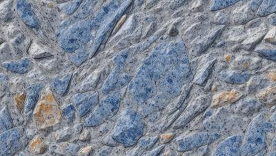 The primary subject of the image is a large, blue, textured surface with a rocky appearance. The setting is a stone wall, and the visual style is a close-up of the stone wall. The dominant colors are blue and gray, creating a calm and natural atmosphere.