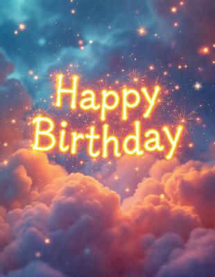 Happy Birthday: [The main object, scene, or focus of the image is a birthday celebration, with a bright and cheerful atmosphere.]

Setting/background: [The environment, backdrop, or surface visible in the image is a colorful, cloudy sky.]

Visual style: [The image is a digital art or illustration, featuring a bright and colorful design.]

Colors and mood: [The dominant colors in the image are bright and vibrant, with a cheerful