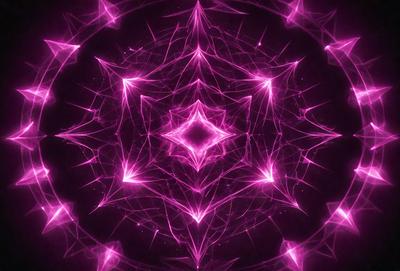 The primary subject of the image is a pink, purple, and white geometric pattern. The pattern is composed of interconnected lines and shapes, creating a visually striking and intricate design. The setting is a dark background, which contrasts with the vibrant colors of the pattern. The visual style of the image is a combination of digital art and illustration, showcasing the artist's skill in creating a complex and captivating design. The colors and mood of the image are predominantly pink and pur