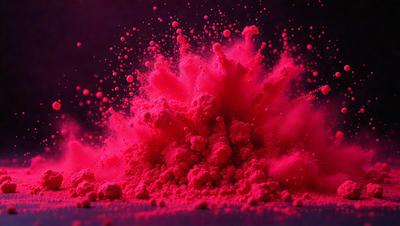 The primary subject of the image is a pink powder or dust, which is scattered across a surface. The setting appears to be a dark room, with the pink powder being the main focus of the image. The visual style is a close-up of the pink powder, showcasing its texture and color. The colors and mood of the image are predominantly pink, creating a vibrant and lively atmosphere.