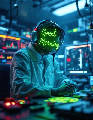 The primary subject of the image is a man wearing a neon green sign that reads "Good Morning" on his head. He is sitting at a desk, which is filled with various electronic devices, including a keyboard and a computer monitor. The setting appears to be a workspace or a room with a computer setup. The visual style of the image is a combination of a photo and digital art, as the man's head sign is digitally created and placed on his head. The colors and mood of the image are bright