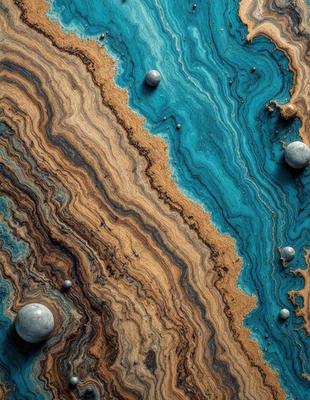 The primary subject of the image is a close-up of a blue and brown marbled surface, which appears to be a piece of wood. The setting is a natural environment, with the marbled surface being the main focus. The visual style is a close-up, which emphasizes the intricate patterns and textures of the marbled surface. The colors and mood of the image are predominantly blue and brown, creating a sense of depth and natural beauty.