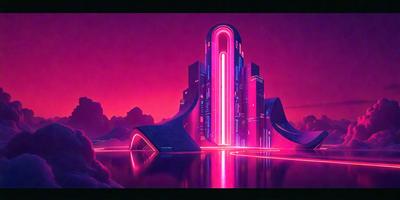 The primary subject of the image is a futuristic building with a pink and purple color scheme. The building is situated in a purple-colored environment, which adds to the overall atmosphere of the scene. The visual style of the image is digital art, as it appears to be a computer-generated or digitally-rendered illustration. The colors and mood of the image are vibrant and energetic, with the pink and purple hues creating a sense of excitement and wonder.