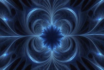 The primary subject of the image is a blue, swirling, and spiraling pattern. The setting is a dark background, which contrasts with the vibrant blue color of the pattern. The visual style appears to be a digital art or illustration, as the pattern is intricate and detailed. The colors and mood of the image are predominantly blue, creating a sense of depth and tranquility.