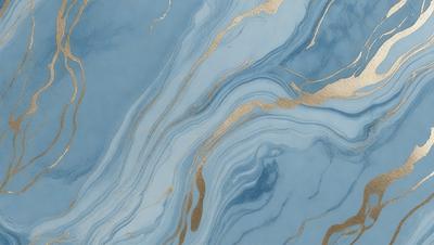 The primary subject of the image is a blue and gold marbled wallpaper. The setting is a room with a blue and gold marbled wallpapered wall. The visual style is a close-up of the wallpaper, showcasing the intricate design. The colors and mood of the image are predominantly blue and gold, creating a luxurious and elegant atmosphere.