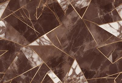 The image features a marble pattern with a gold and brown color scheme. The marble pattern is intricate and creates a visually appealing surface. The setting is a room with a brown and white marble floor, which complements the marble pattern. The visual style is a combination of a photo and digital art, creating a unique and eye-catching design. The colors and mood of the image are warm and inviting, with the gold and brown tones adding a touch of luxury and sophistication.