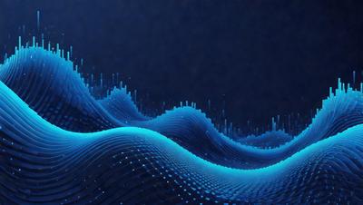 The primary subject of the image is a blue wave pattern, which is the main object, scene, or focus of the image. The setting or background is a dark blue sky, and the visual style is digital art. The dominant colors and overall atmosphere are blue and dark, creating a sense of depth and contrast.