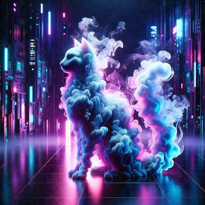 The primary subject of the image is a cat, which is the main focus of the scene. The cat is sitting on a black surface, which appears to be a tile floor. The visual style of the image is digital art, as it is a computer-generated image. The dominant colors in the image are purple and blue, creating a vibrant and lively atmosphere.