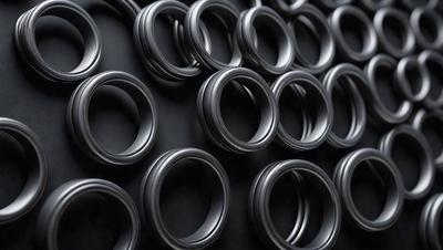 The primary subject of the image is a collection of black rubber rings. The setting is a black background, and the visual style is a close-up of the rubber rings. The dominant colors are black, and the overall atmosphere is dark and moody.