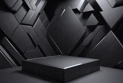 The primary subject of the image is a black square or box, which is the main object in the scene. The setting is a black and white room with a black wall, creating a stark contrast. The visual style is a black and white photo, illustration, or drawing. The dominant colors are black and white, giving the image a moody and dramatic atmosphere.