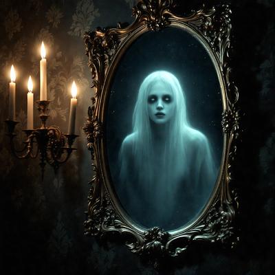 The primary subject of the image is a woman's reflection in a mirror. The setting is a dark room with a candlelit ambiance. The visual style is a combination of a photo and digital art, creating a surreal and eerie atmosphere. The dominant colors are blue and white, with the blue tinting the woman's reflection and the white background of the room. The overall mood is mysterious and haunting.