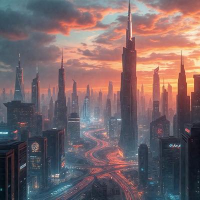 The primary subject of the image is a futuristic cityscape with a skyline of tall buildings. The setting is a city at dusk, with the sunset casting a warm glow over the city. The visual style is a digital art or illustration, creating a vibrant and dynamic scene. The colors and mood are predominantly blue and orange, with the blue hues representing the night sky and the orange hues representing the sunset. The cityscape is bustling with activity, as eviden