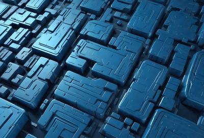 The primary subject of the image is a blue, geometric pattern. The setting is a blue background, and the visual style is a digital art or illustration. The dominant colors are blue and black, creating a modern and sleek atmosphere.