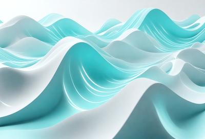 The primary subject of the image is a large, white, and blue wave. The wave is the main object, scene, or focus of the image. The setting or background consists of a white wall, which provides a clean and minimalistic environment. The visual style of the image is a combination of photo and digital art, as it appears to be a photo of a digital art piece. The dominant colors in the image are white and blue, creating a calm and serene atmosphere.