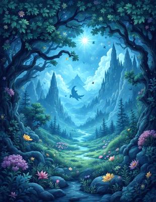 The primary subject of the image is a dragon flying through a forest. The setting is a lush, green forest with a river running through it. The visual style is a digital art illustration, creating a vibrant and magical atmosphere. The dominant colors are green, purple, and blue, which contribute to the serene and enchanting mood of the scene.