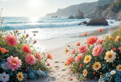 The primary subject of the image is a beautiful flower arrangement on a sandy beach. The setting is a picturesque beach with the ocean in the background. The visual style of the image is a combination of photo and digital art, creating a vibrant and lively atmosphere. The dominant colors in the image are pink, yellow, and orange, which contribute to the overall cheerful and warm mood of the scene.