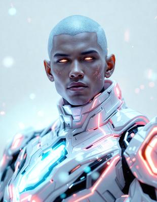 The primary subject of the image is a man wearing a futuristic, white and blue suit with a holographic design. The suit appears to be a mix of armor and a space suit, giving it a high-tech and advanced look. The man's facial expression is intense, and his eyes are glowing, adding to the overall atmosphere of the image. The setting is a futuristic environment, likely a space or a high-tech facility. The visual style of the image is a combination of